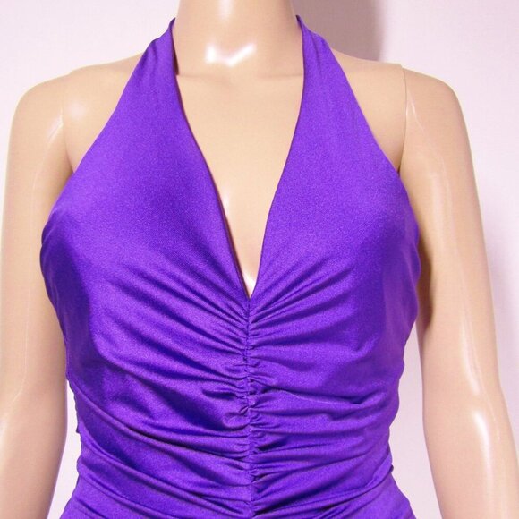 VTG 90s Y2K Halter Ruched BODYCON Club Revenge DISCO Purple Dress XS - Picture 2 of 10